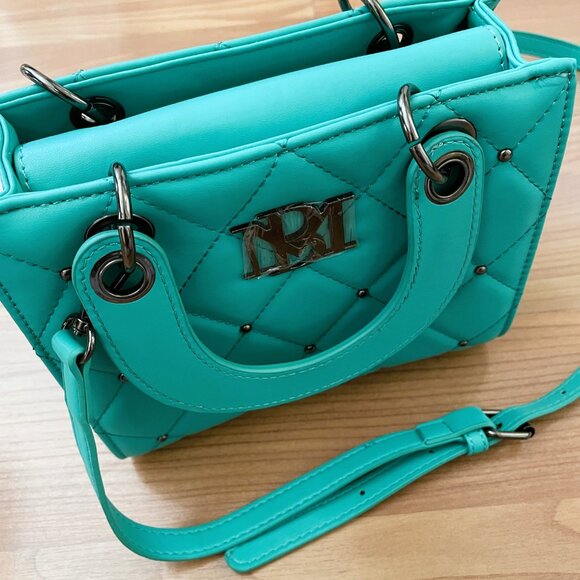 FIRM. $129 Badgley Mischka Diamond Purse, Vegan Leather Studded Branded Gunmetal - Picture 5 of 14